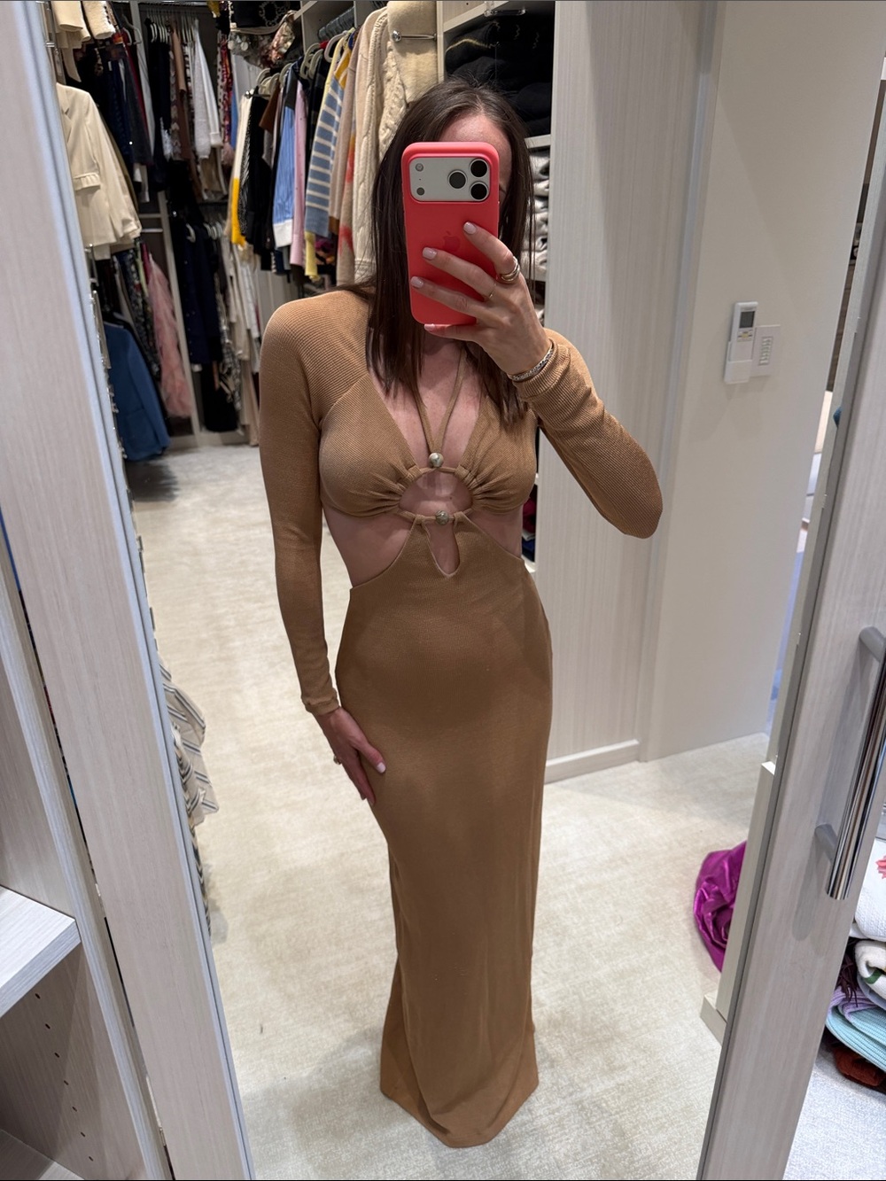 PatBO Brown Long Sleeve Cutout Maxi Dress